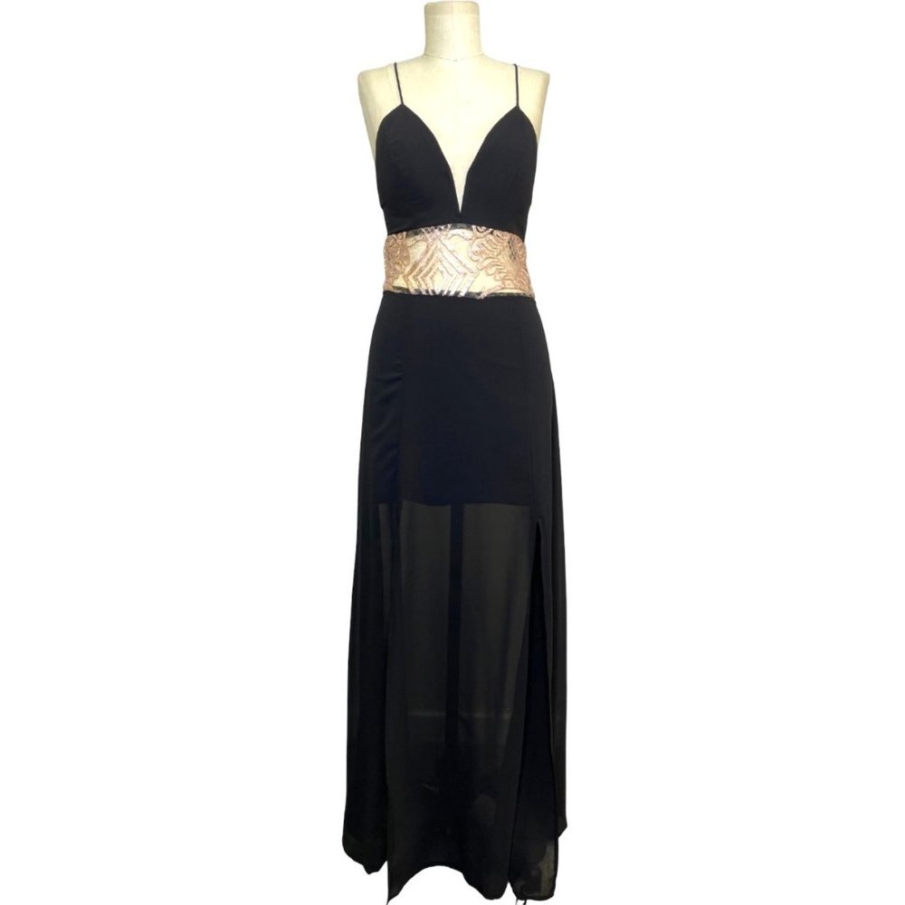 Soieblu Embellished Waist Sleeveless V-Neck Maxi Dress Black Size Small NWT